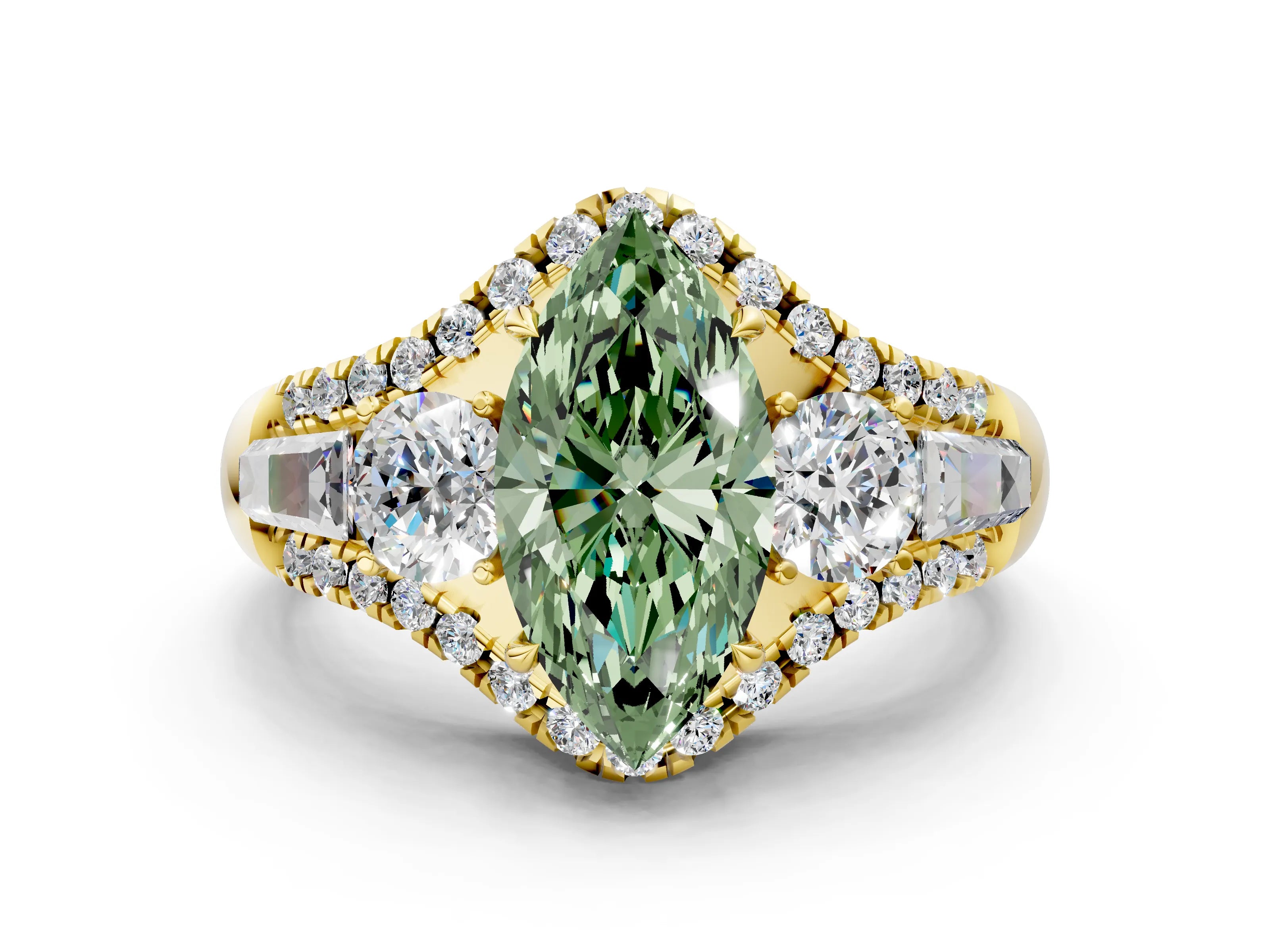 Yellow gold Three-Stone Fancy Green Marquise Cut Diamond Engagement Ring with Pave Band and Prong Setting