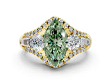 Yellow gold Three-Stone Fancy Green Marquise Cut Diamond Engagement Ring with Pave Band and Prong Setting