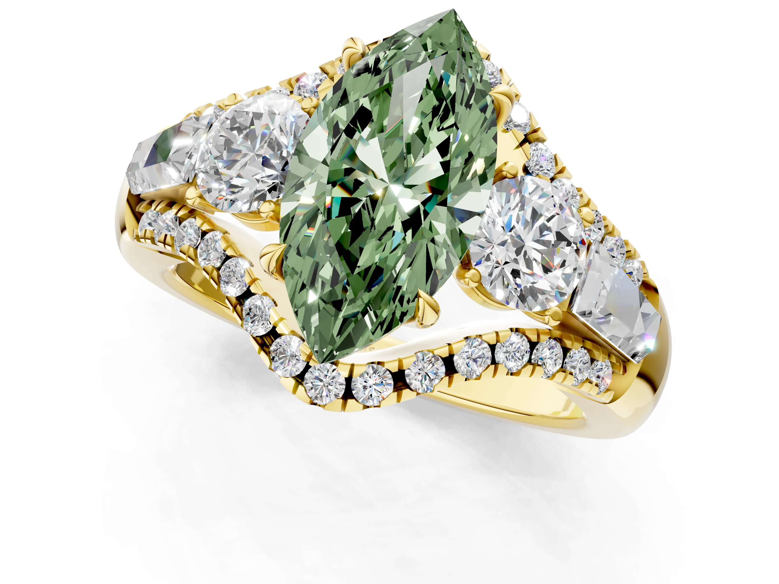 Yellow gold Three-Stone Fancy Green Marquise Cut Diamond Engagement Ring with Pave Band and Prong Setting_1