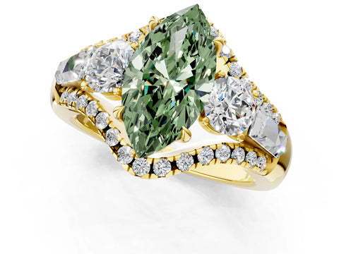 Yellow gold Three-Stone Fancy Green Marquise Cut Diamond Engagement Ring with Pave Band and Prong Setting_1