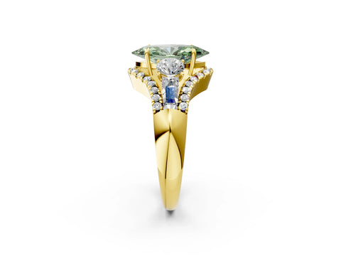 Yellow gold Three-Stone Fancy Green Marquise Cut Diamond Engagement Ring with Pave Band and Prong Setting_2