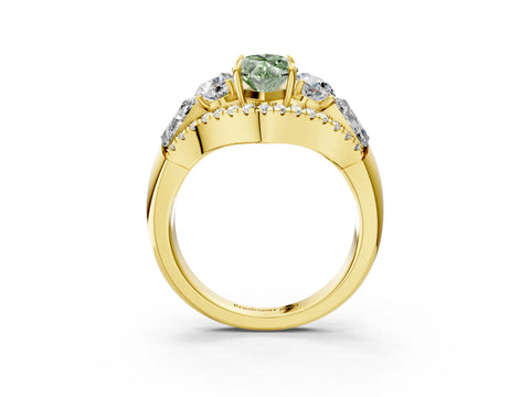 Yellow gold Three-Stone Fancy Green Marquise Cut Diamond Engagement Ring with Pave Band and Prong Setting_3