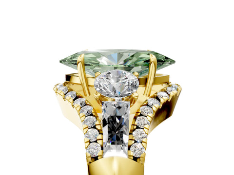 Yellow gold Three-Stone Fancy Green Marquise Cut Diamond Engagement Ring with Pave Band and Prong Setting_5