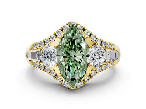 Yellow gold Three-Stone Fancy Green Marquise Cut Diamond Engagement Ring with Pave Band and Prong Setting