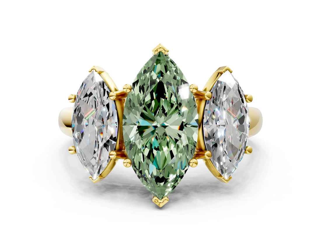 Yellow gold Three-Stone Fancy Green Marquise Cut Diamond Engagement Ring with Prong Setting_3