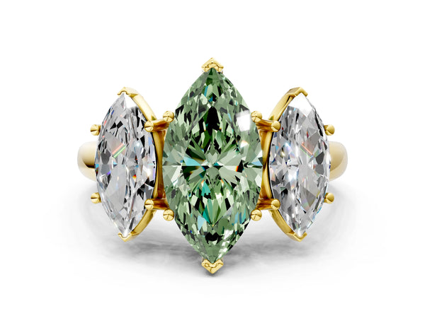 Yellow gold Three-Stone Fancy Green Marquise Cut Diamond Engagement Ring with Prong Setting