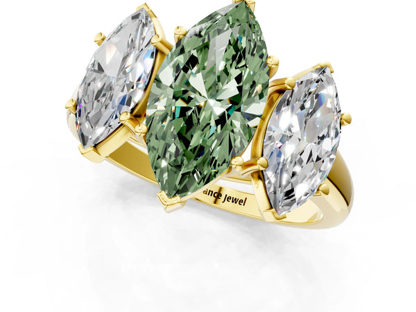 Yellow gold Three-Stone Fancy Green Marquise Cut Diamond Engagement Ring with Prong Setting