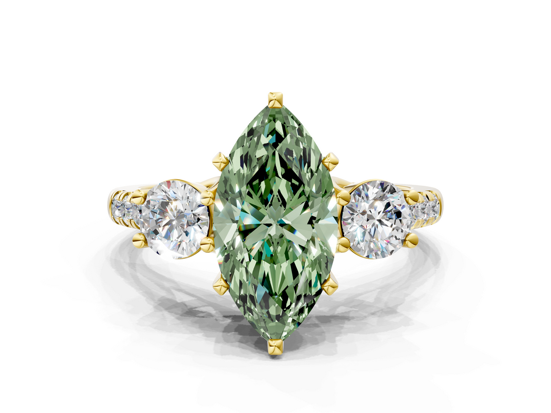 Yellow gold Three-Stone Fancy Green Marquise  Cut Diamond Pavé Band with Four-Prong Setting_28