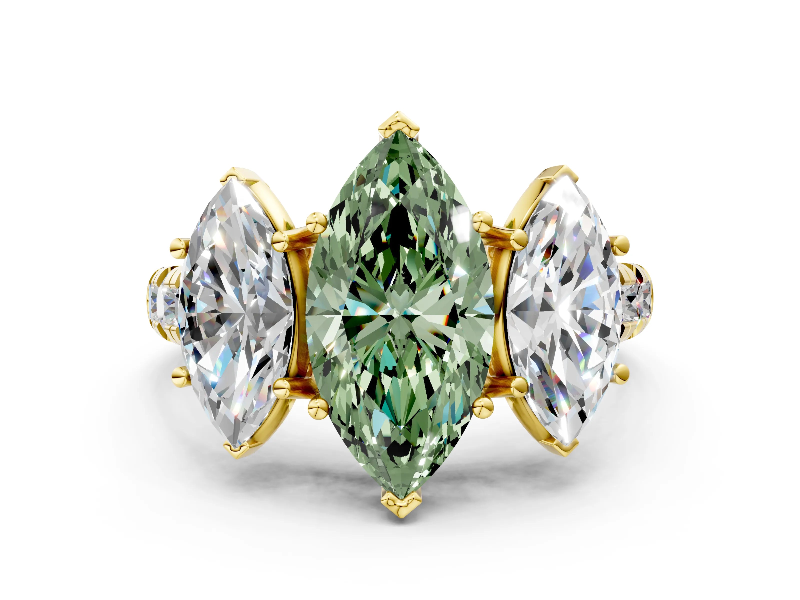 Yellow gold Three-Stone Fancy Green Marquise Cut Diamond Pavé Band with Prong Setting