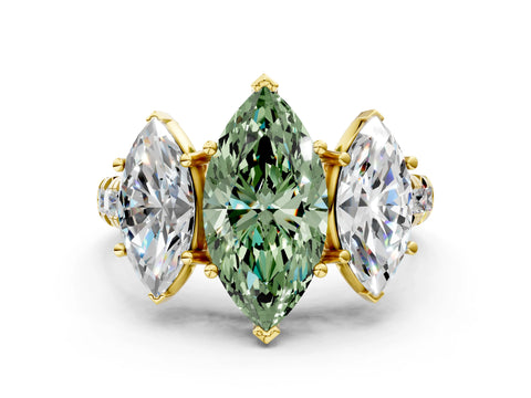 Yellow gold Three-Stone Fancy Green Marquise Cut Diamond Pavé Band with Prong Setting