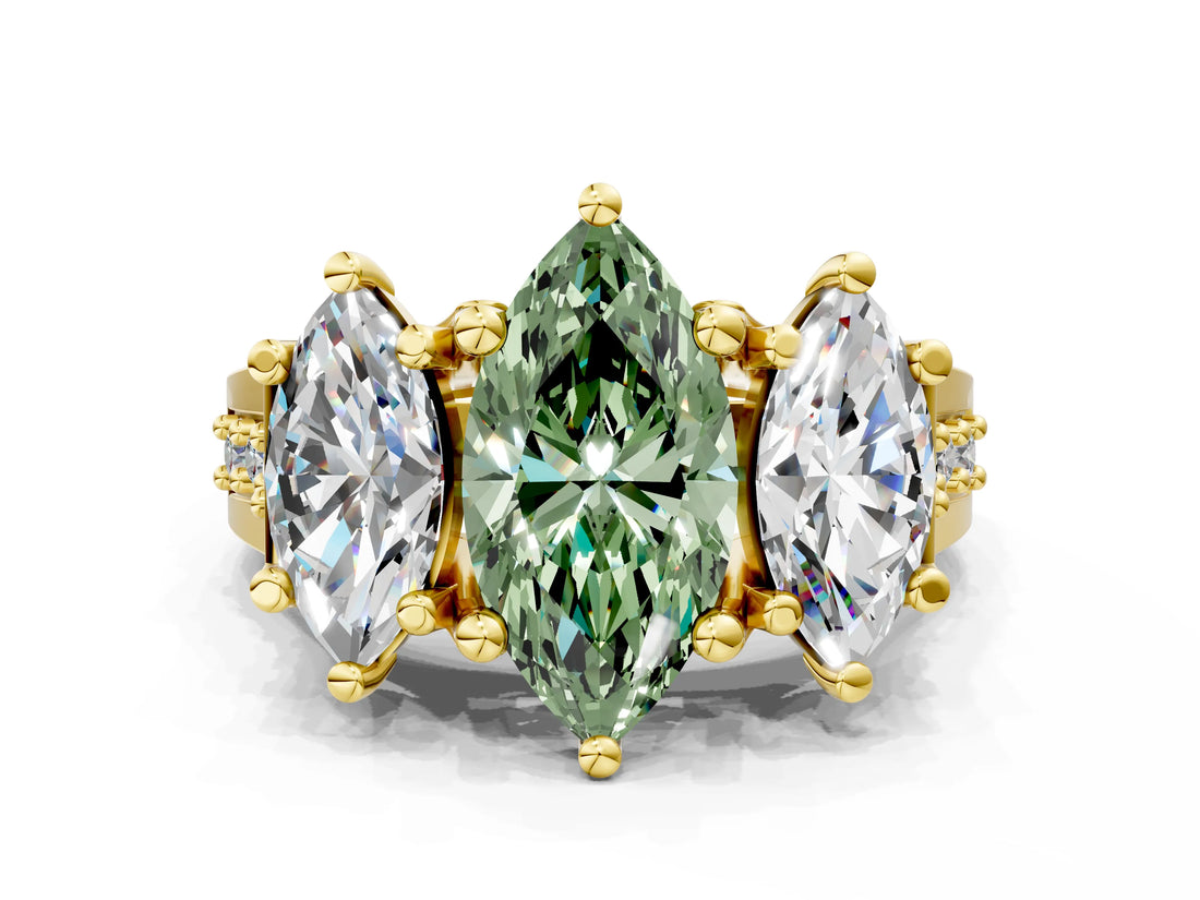 Yellow gold Three-Stone Fancy Green Marquise  Cut Diamond Ring with Channel-Set Band and Four-Prong Setting_133