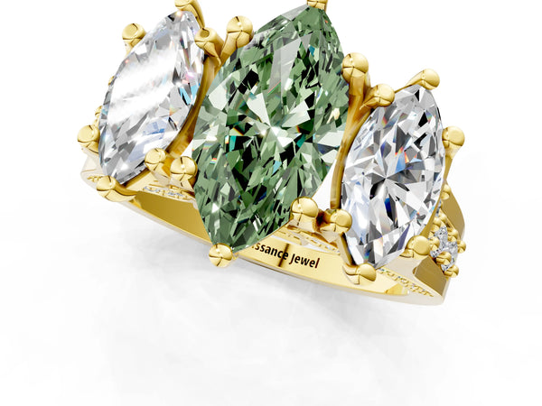 Yellow gold Fancy Green Marquise Cut Diamond Three-Stone Ring with Channel Set Band and Four-Prong Setting