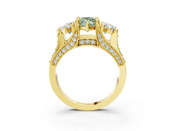 Yellow gold Fancy Green Marquise Cut Diamond Three-Stone Ring with Channel Set Band and Four-Prong Setting