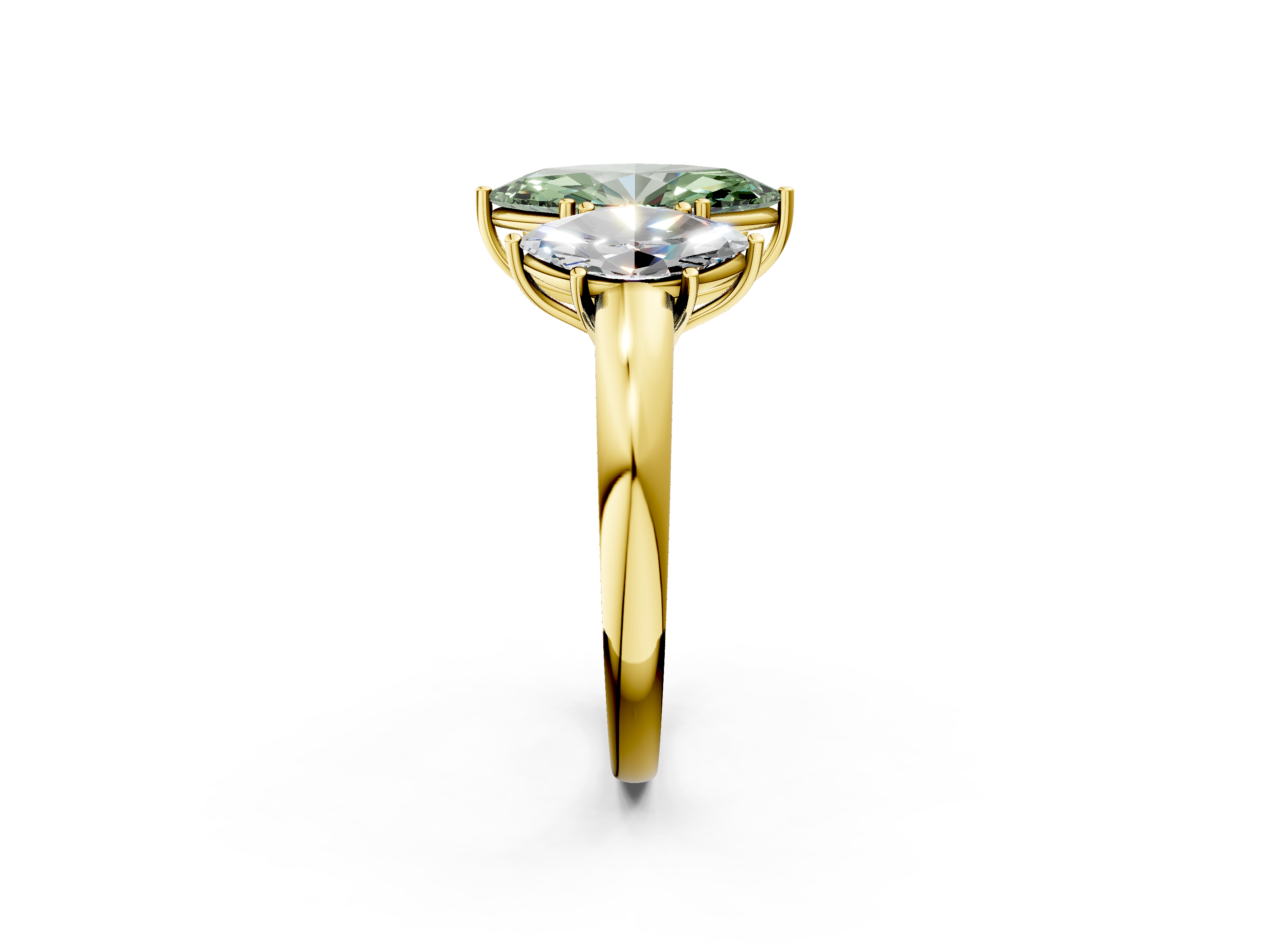 Yellow gold Three-Stone Fancy Green Marquise  Cut Diamond Ring with Channel-Set Band and Four-Prong Setting_34