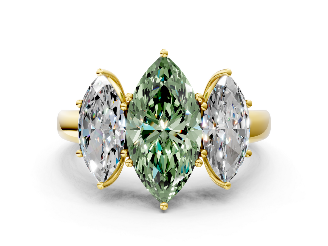 Yellow gold Three-Stone Fancy Green Marquise  Cut Diamond Ring with Channel-Set Band and Four-Prong Setting_49