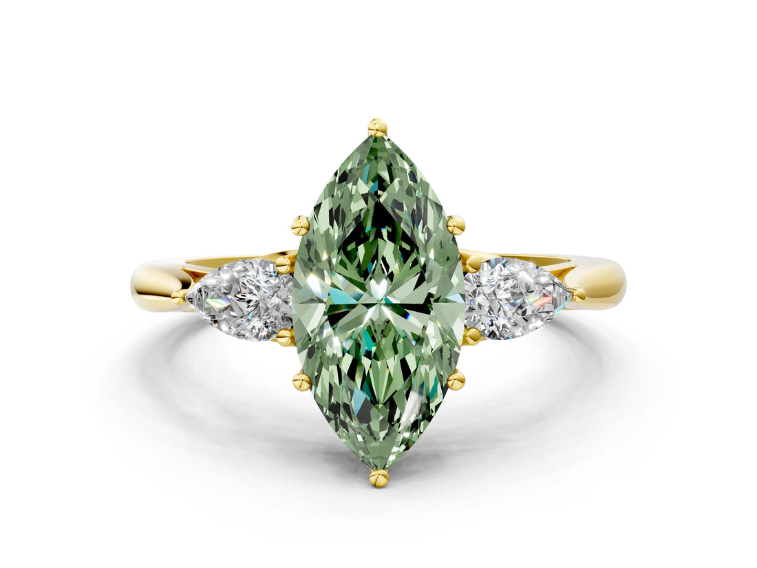 Yellow gold Three-Stone Fancy Green Marquise Cut Diamond Ring with Pear  Side Stones in Four-Prong Setting_48