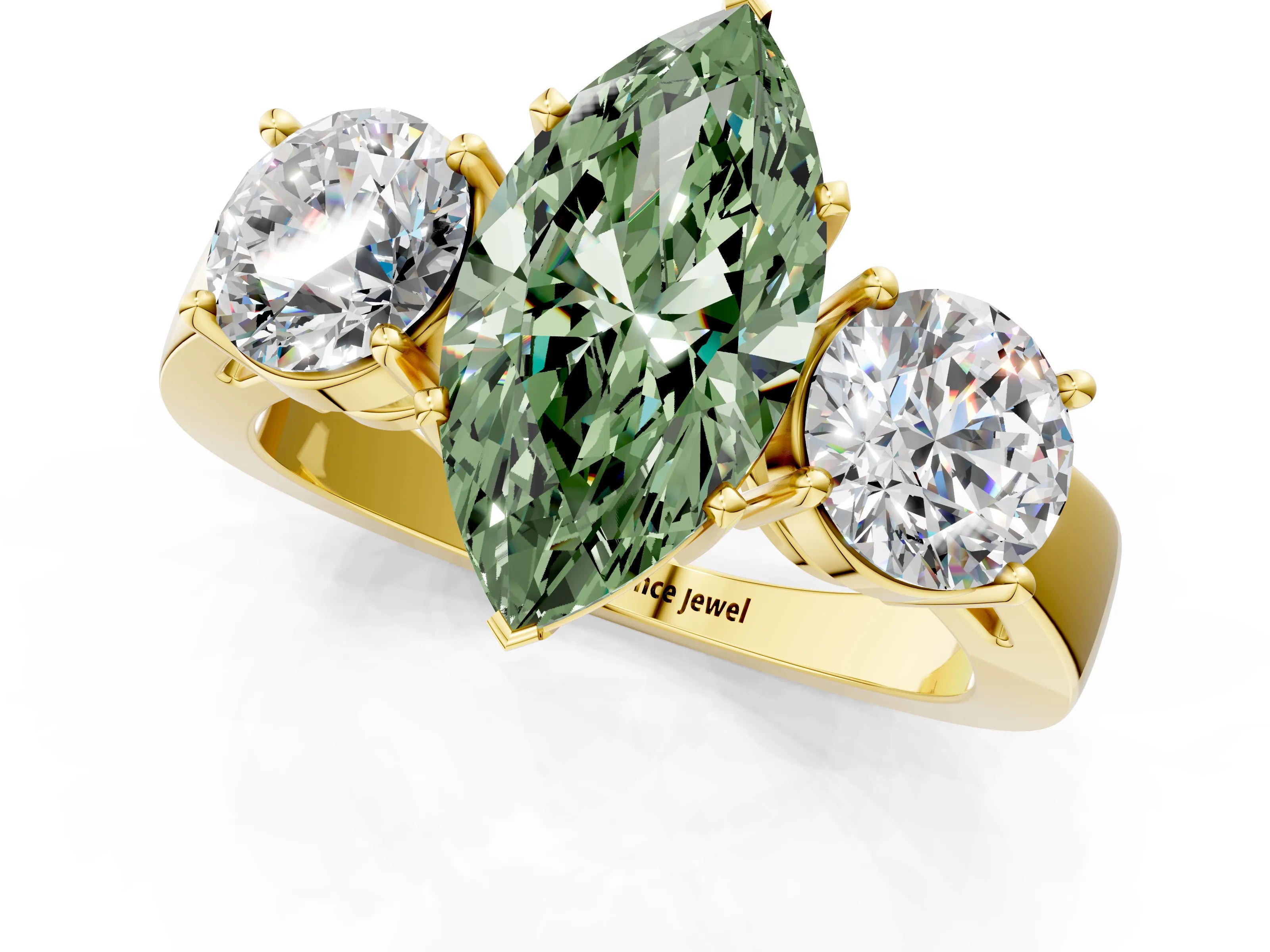 Yellow gold Three-Stone Fancy Green Marquise Cut Diamond Ring with Round Side Stones, Classic Band, and Four-Prong Setting_1