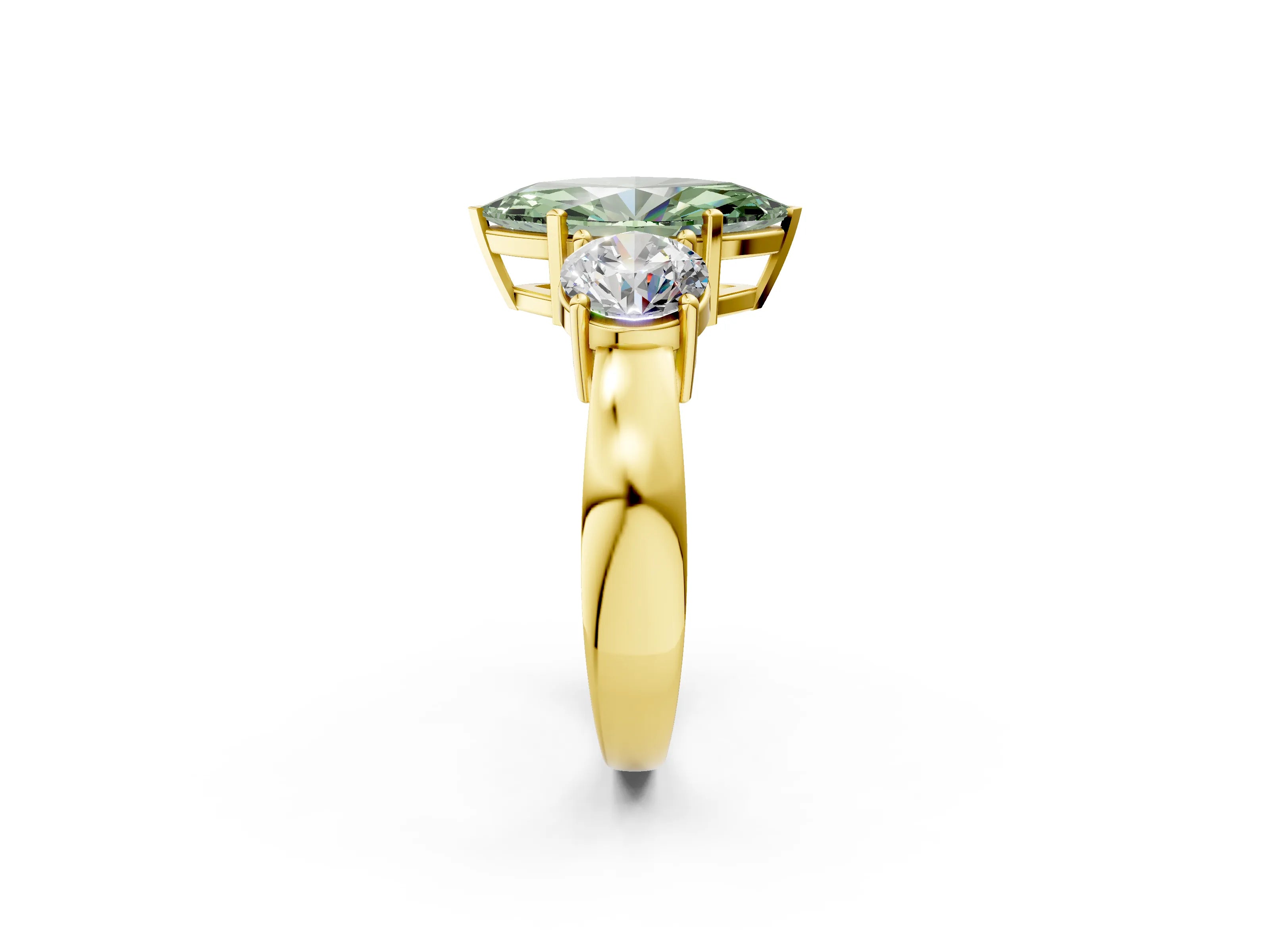 Yellow gold Three-Stone Fancy Green Marquise Cut Diamond Ring with Round Side Stones, Classic Band, and Four-Prong Setting_2