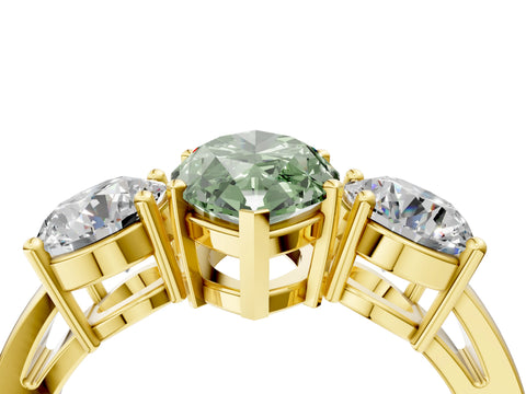 Yellow gold Three-Stone Fancy Green Marquise Cut Diamond Ring with Round Side Stones, Classic Band, and Four-Prong Setting_4