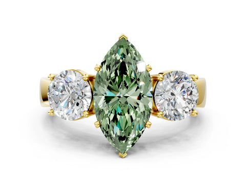Yellow gold Three-Stone Fancy Green Marquise Cut Diamond Ring with Round Side Stones, Classic Band, and Four-Prong Setting