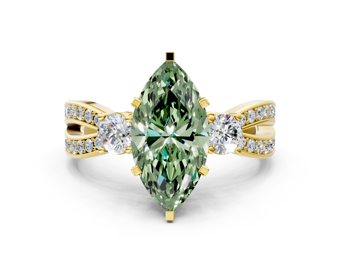 Yellow gold Three-Stone Fancy Green Marquise  Cut Diamond Twist Band with Prong Setting_55