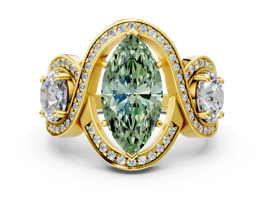 Yellow gold Three-Stone Fancy Green Marquise Cut Diamond Wave Pave Band with Prong Setting