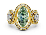 Yellow gold Three-Stone Fancy Green Marquise Cut Diamond Wave Pave Band with Prong Setting