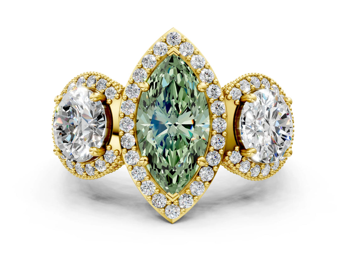 Yellow gold Three-Stone Fancy Green Marquise Cut Halo Diamond Milgrain Band with Four-Prong Setting