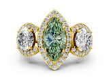 Yellow gold Three-Stone Fancy Green Marquise Cut Halo Diamond Milgrain Band with Four-Prong Setting