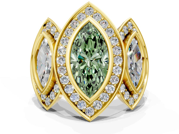 Yellow gold Three-Stone Fancy Green Marquise Cut Halo Pavé Diamond Ring