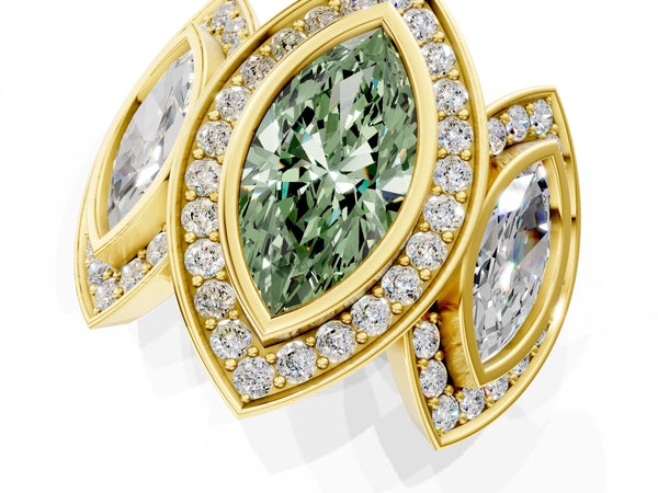 Yellow gold Three-Stone Fancy Green Marquise Cut Halo Pavé Diamond Ring