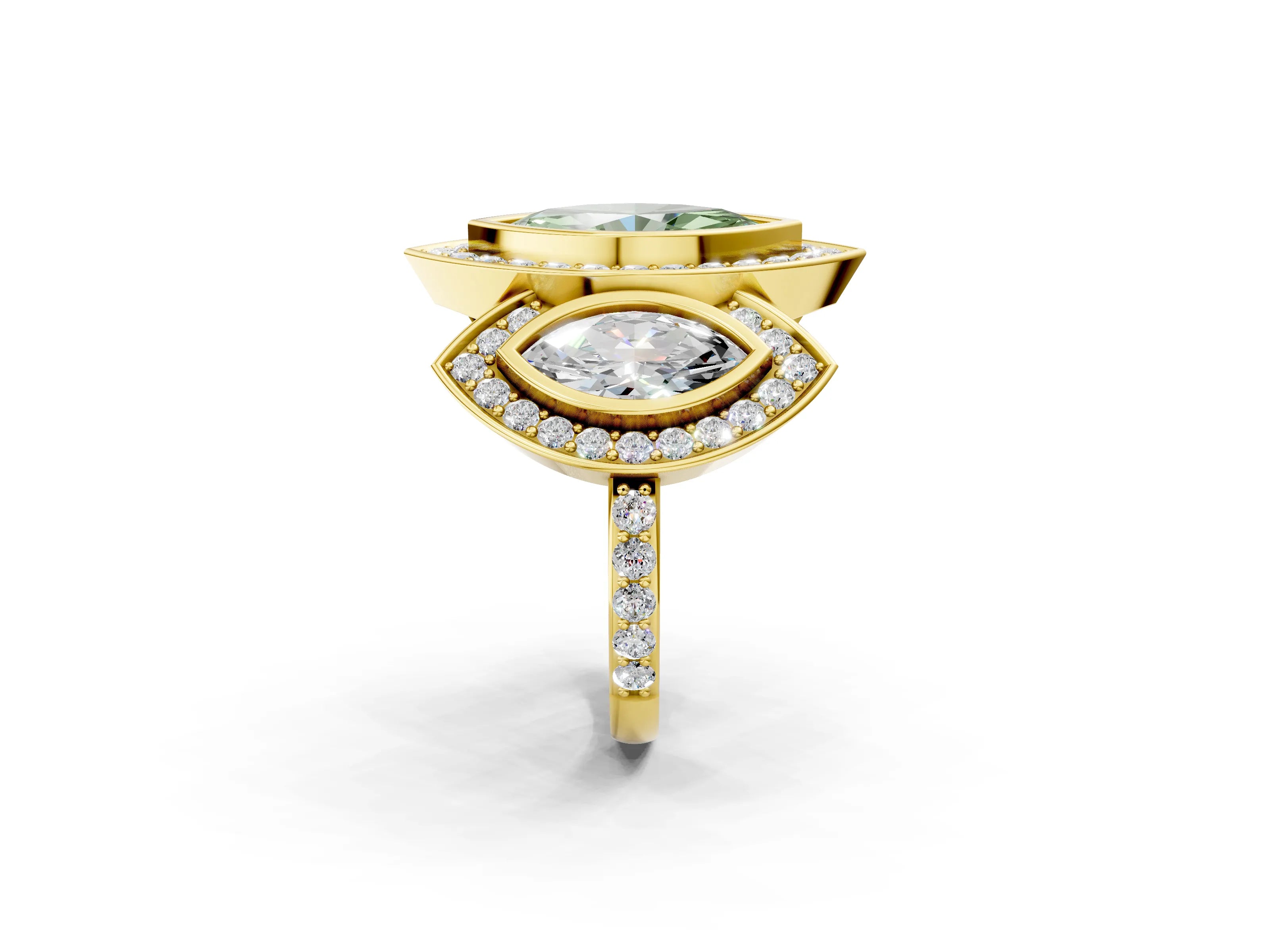 Yellow gold Three-Stone Fancy Green Marquise Cut Halo Pavé Diamond Ring_2