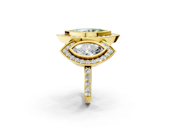 Yellow gold Three-Stone Fancy Green Marquise Cut Halo Pavé Diamond Ring