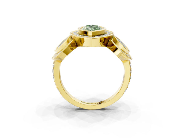 Yellow gold Three-Stone Fancy Green Marquise Cut Halo Pavé Diamond Ring
