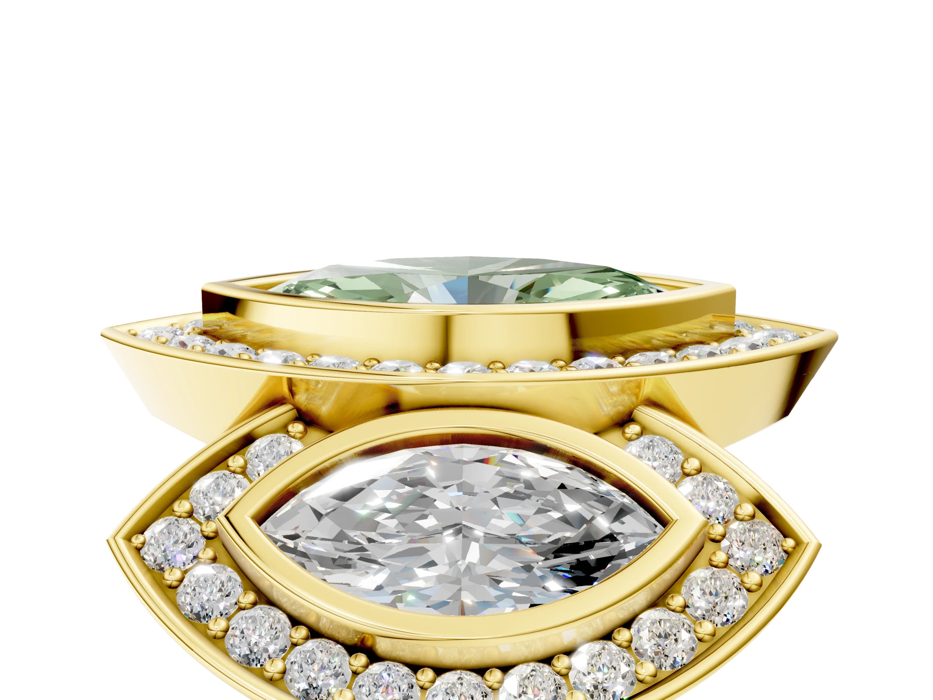 Yellow gold Three-Stone Fancy Green Marquise Cut Halo Pavé Diamond Ring_5
