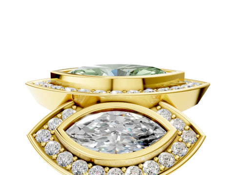 Yellow gold Three-Stone Fancy Green Marquise Cut Halo Pavé Diamond Ring_5