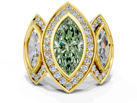 Yellow gold Three-Stone Fancy Green Marquise Cut Halo Pavé Diamond Ring