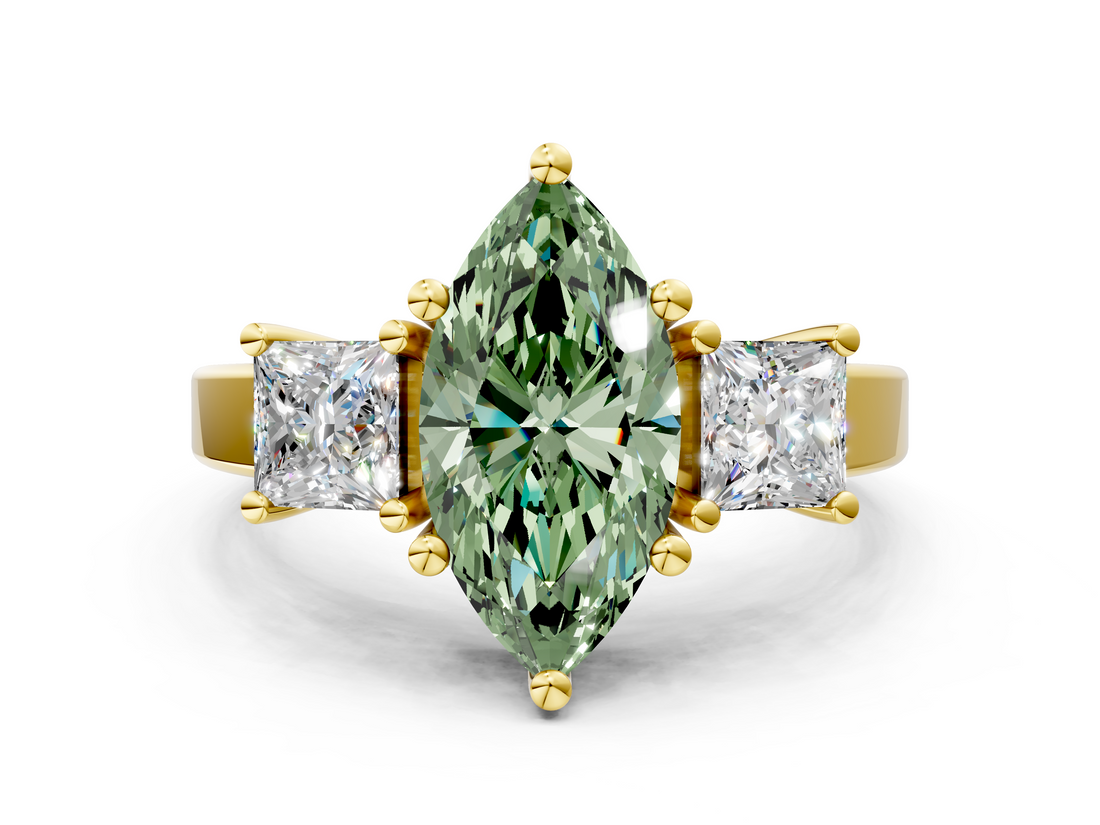 Yellow gold Three-Stone Fancy Green Marquise  Cut Solitaire Ring with Prong Setting_3