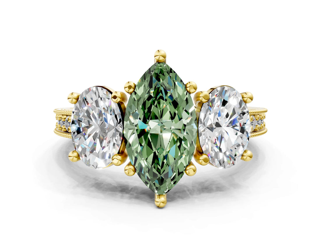 Yellow gold Three-Stone Fancy Green Marquise  Diamond Milgrain Pave Band with Prong Setting 1
