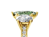 Yellow gold Three-Stone Fancy Green Marquise  Diamond Milgrain Pave Band with Prong Setting