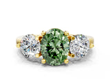Yellow gold Three-Stone Fancy Green Oval  Brilliant Cut Solitaire Ring with Prong Setting on a Classic Band 2