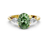 Yellow gold Three-Stone Fancy Green Oval Cut Brilliant Diamond Solitaire Ring with Tapered Band and Four-Prong Setting_6