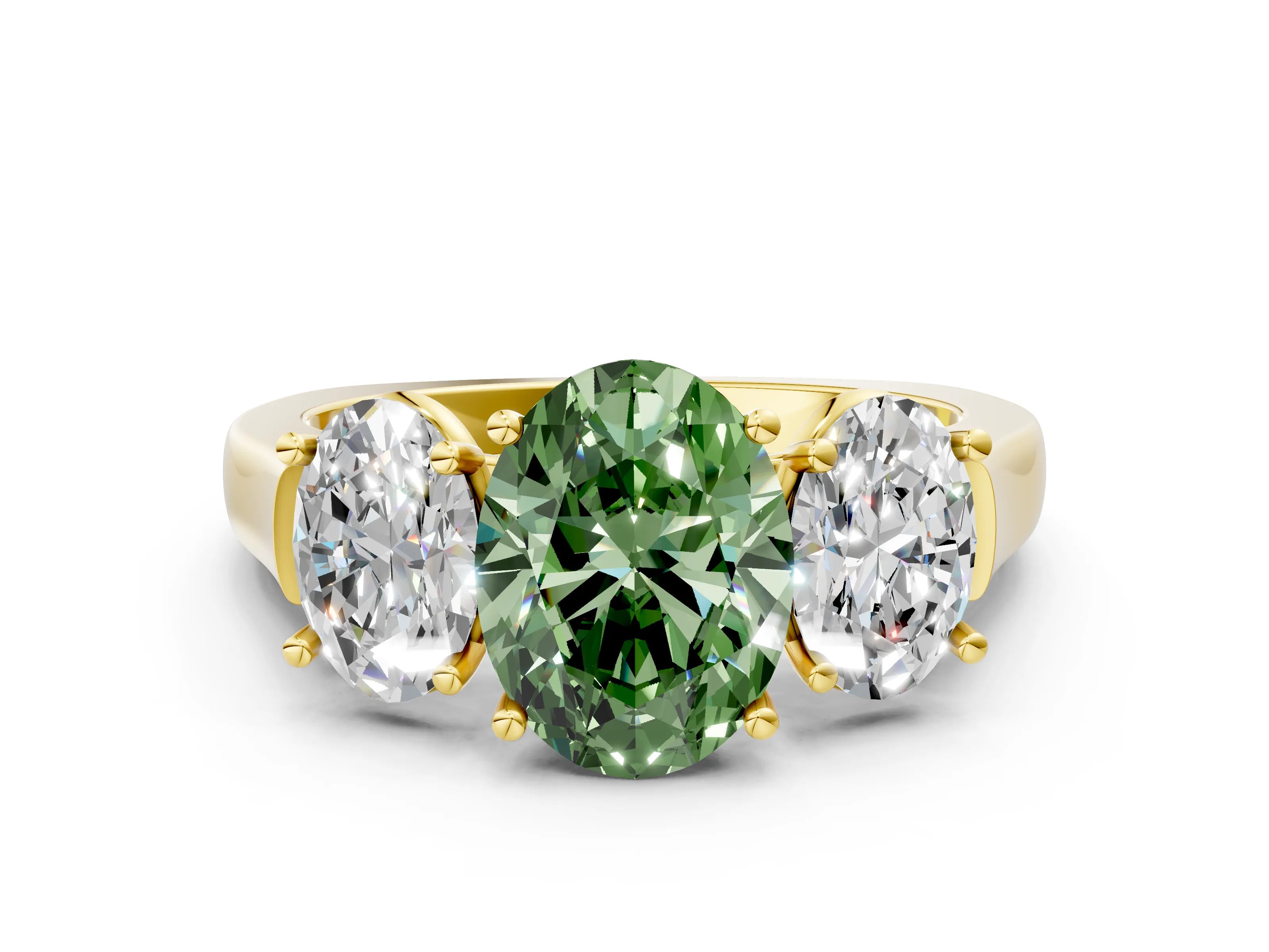 Yellow gold Three-Stone Fancy Green Oval Cut Brilliant Diamond Trellis Ring with Comfort Fit Band