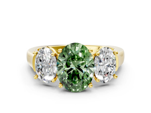 Yellow gold Three-Stone Fancy Green Oval Cut Brilliant Diamond Trellis Ring with Comfort Fit Band