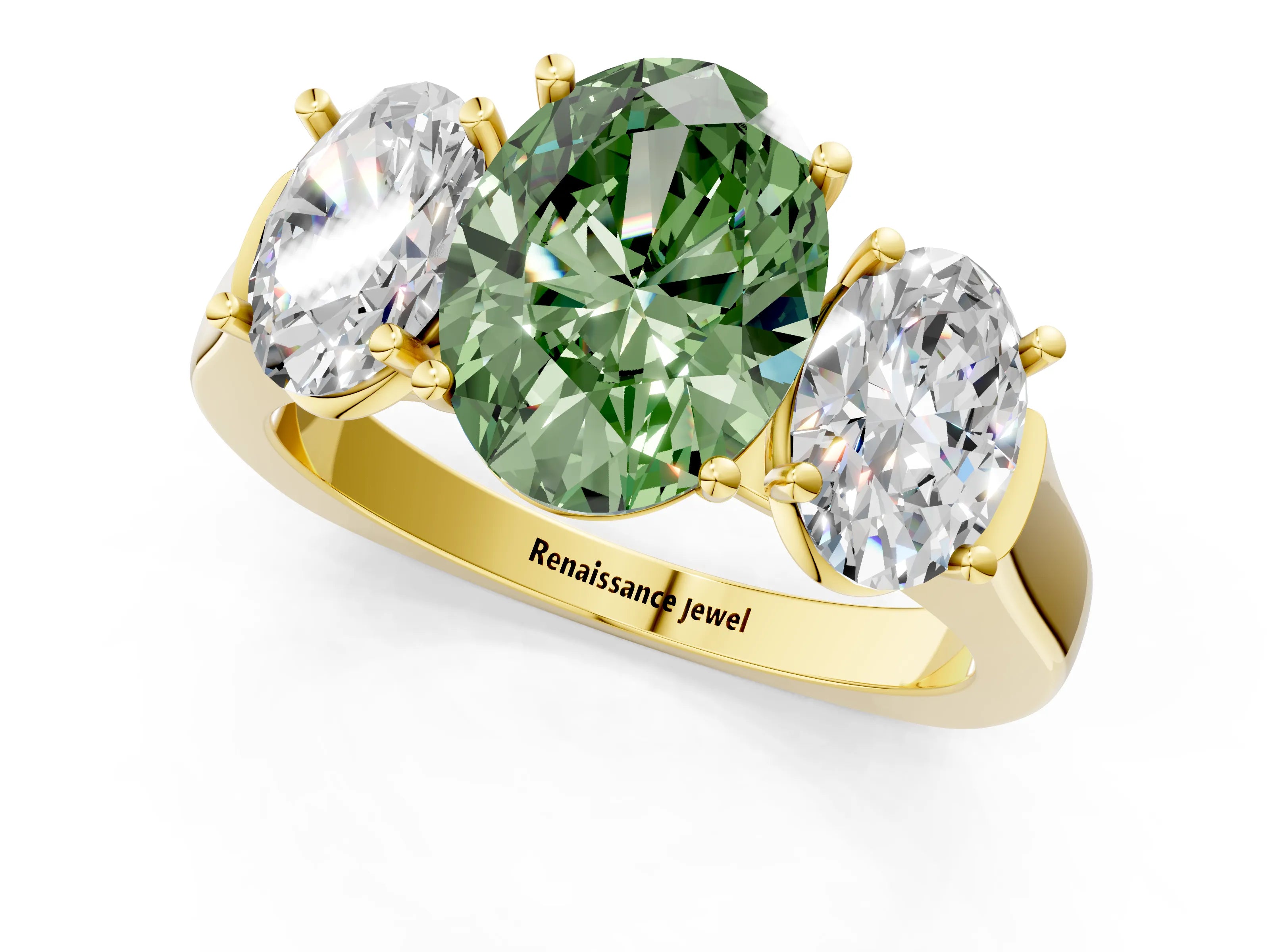 Yellow gold Three-Stone Fancy Green Oval Cut Brilliant Diamond Trellis Ring with Comfort Fit Band_1