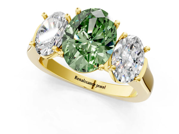 Yellow gold Three-Stone Fancy Green Oval Cut Brilliant Diamond Trellis Ring with Comfort Fit Band