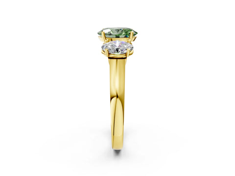 Yellow gold Three-Stone Fancy Green Oval Cut Brilliant Diamond Trellis Ring with Comfort Fit Band_2