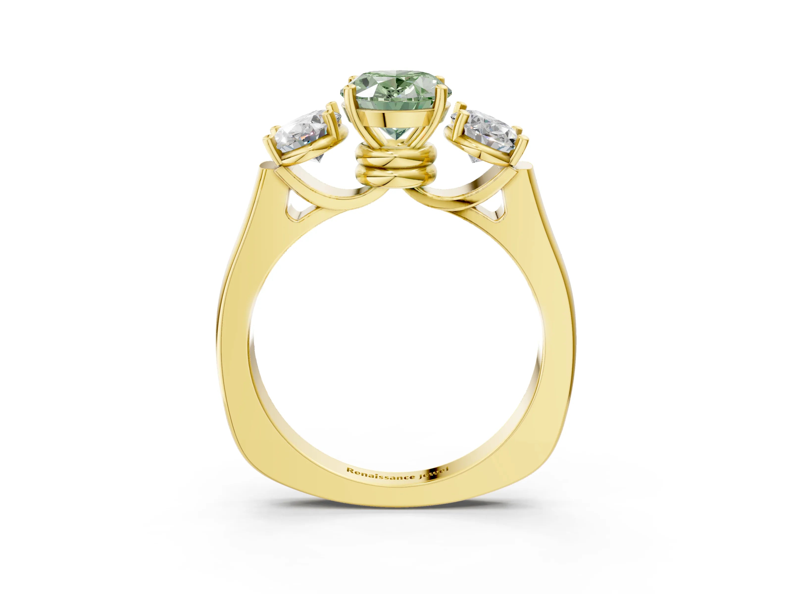 Yellow gold Three-Stone Fancy Green Oval Cut Brilliant Diamond Trellis Ring with Comfort Fit Band_3