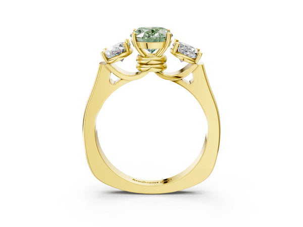 Yellow gold Three-Stone Fancy Green Oval Cut Brilliant Diamond Trellis Ring with Comfort Fit Band
