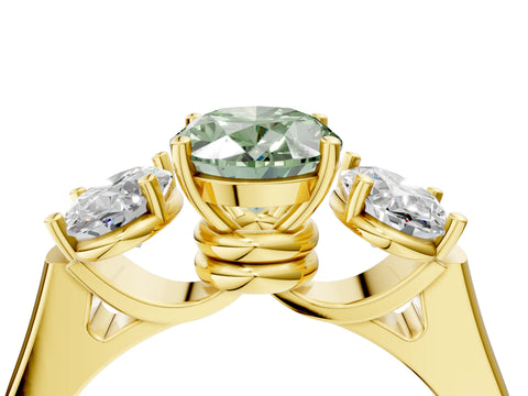 Yellow gold Three-Stone Fancy Green Oval Cut Brilliant Diamond Trellis Ring with Comfort Fit Band_4